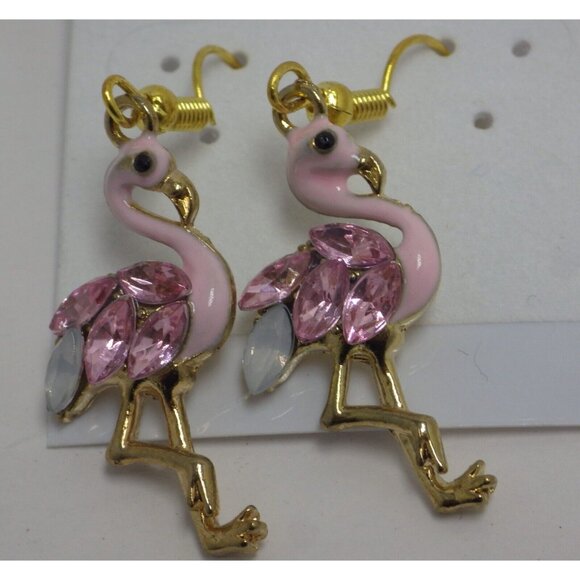 Pink Flamingo Rhinestone Earrings  Dangle Drop Hook Retro Boho Coastal Tiki - Picture 2 of 5
